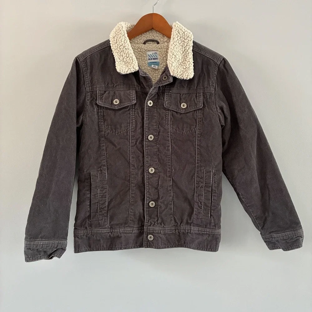 Old Navy Corduroy Trucker Jacket Boys XL14 Gray Sherpa Lined Button Coat Vtg Y2K